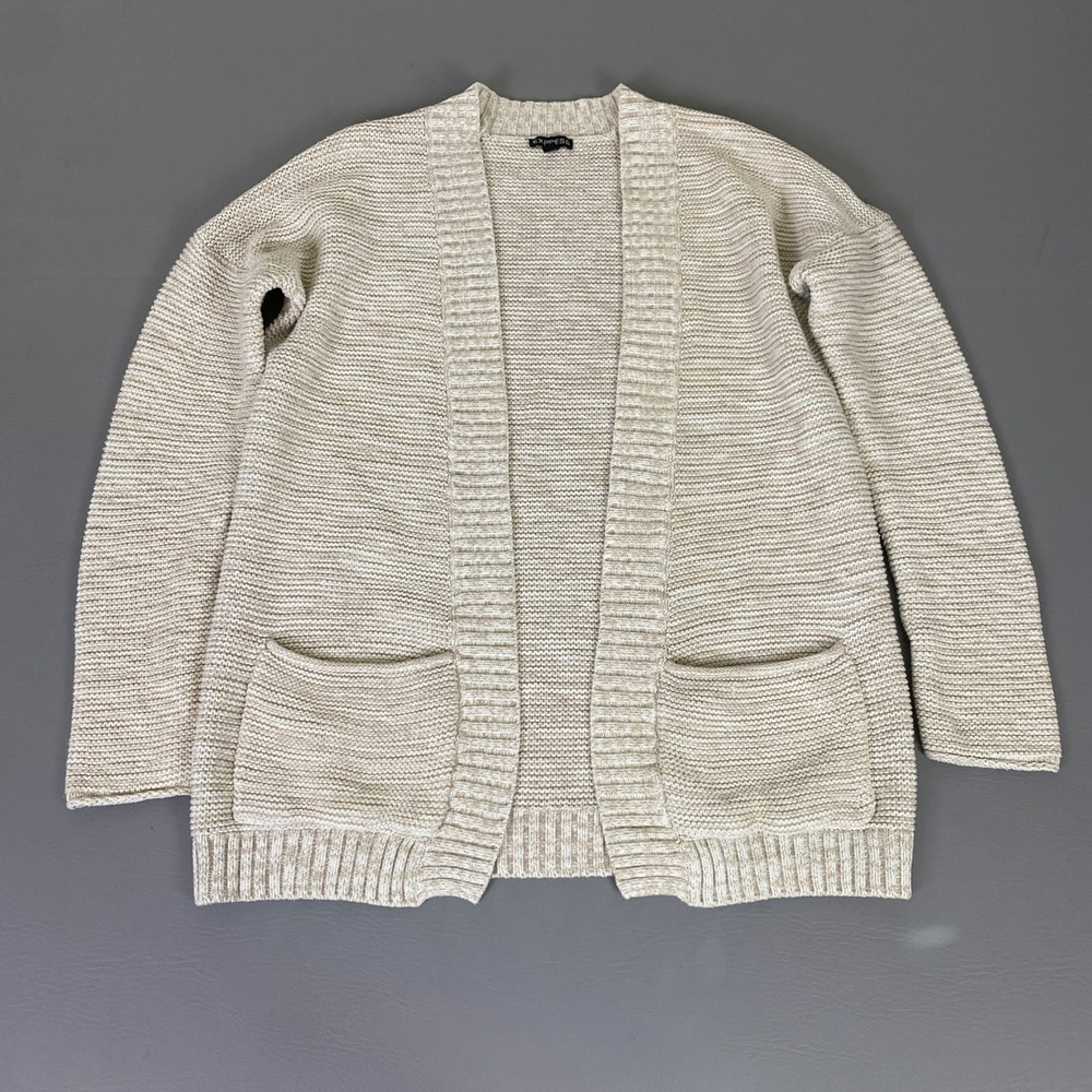 EXPRESS Cardigan Sweater Women's Medium Beige Open Front Speckled Knit Warm‎ EUC